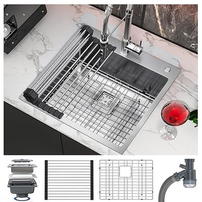 YITAHOME Drop In Kitchen RV Sink 25 in Top mount 304 Stainless Steel Single Bowl Sink with Accessories for Workstation, Bar Sinks 25 x 22 x 10 Inch