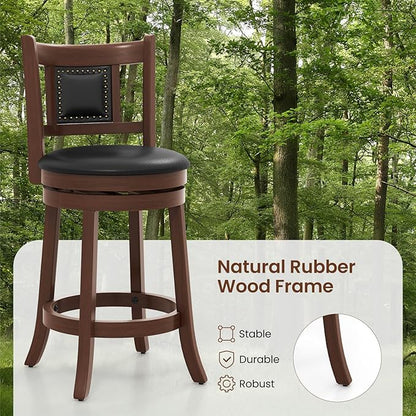 ERGOMASTER Swivel Bar Stools Set of 2-25.5 Inch Counter Height with Footrest, 360° Spin & Extra Wide Seat, Vintage Rubber Wood Frame, 250 lbs Capacity, Kitchen Island Stools for Small Spaces