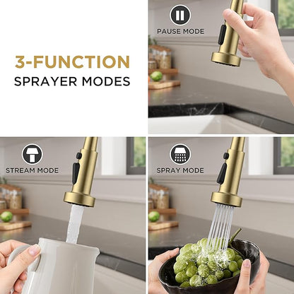 FORIOUS Kitchen Faucets with Sprayer, Gold Stainless Steel Sink Faucet Single Handle with Deck Plate, Commercial Classic Spring Faucet for Kitchen Sink, Bar & Prep Sinks, Laundry RV Camper
