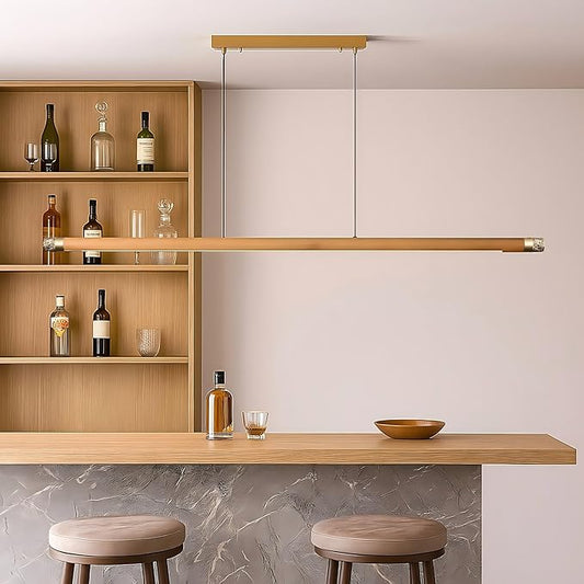 47" Wood Linear Pendant Light, Modern Wabi-Sabi Chandelier with Handcrafted Walnut & Brass, 3 Color Temperatures (3000K-6000K), Hanging Light Fixture for Dining Room, Kitchen, Bedroom