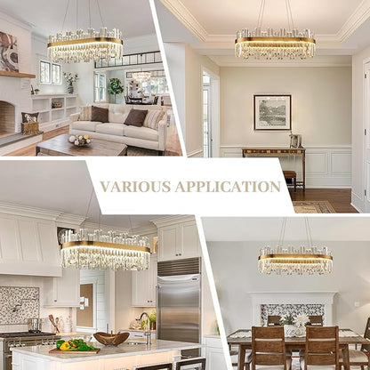 39.3" Dimmable Rectangle LED Crystal Chandeliers,Gold Chandelier Light, 3 Colors Contemporary Pendant Ceiling Light for Dining Room Living Room Kitchen Island Entryway Foyer ,With Remote Control