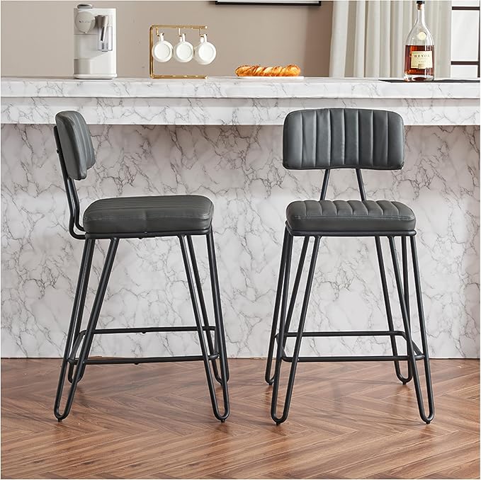 Industrial Bar Stools Set of 2, Counter Height Chairs - PU Leather & Metal Frame, Vintage Style for Kitchen Island, Dining Room, Grey