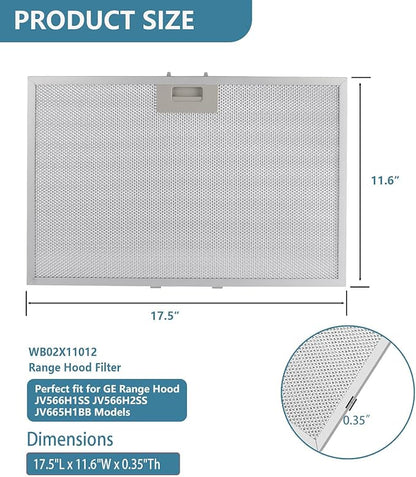 WB02X11012 Range Hood Filter 17.5" x 11.6" Replacement For GE Range Hood JV566H1SS JV665H1BB JV665H1CC JV665H1WW Kitchen Exhaust Fan Stove Hood Vent Filter 5-Layer Aluminum Mesh Grease Filter 2 Pack