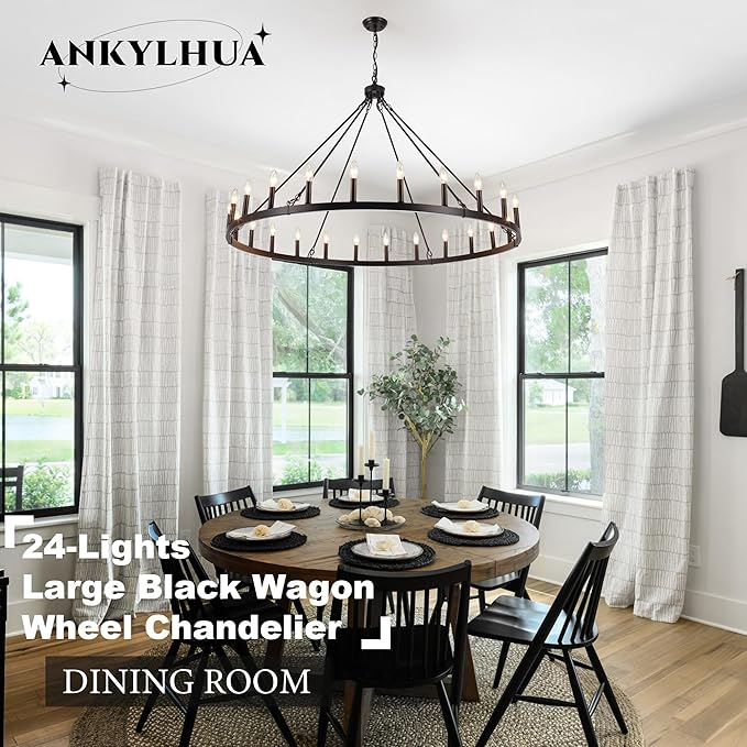 ANKYLHUA 52 inches Black Wagon Wheel Chandelier- 24 Light Large Farmhouse Chandelier Industrial Rustic Dining Room Light Fixture Round High Ceiling Pendant Light for Living Room Entryway Foyer