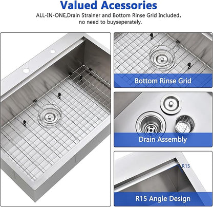 Friho 33x22 Inch Drop in Kitchen Sink, Single Bowl Workstation Handmade Farmhouse Topmount Stainless Steel Kitchen Sink with Dish Grid,Dish Drainer,Cutting Board Basket Strainer