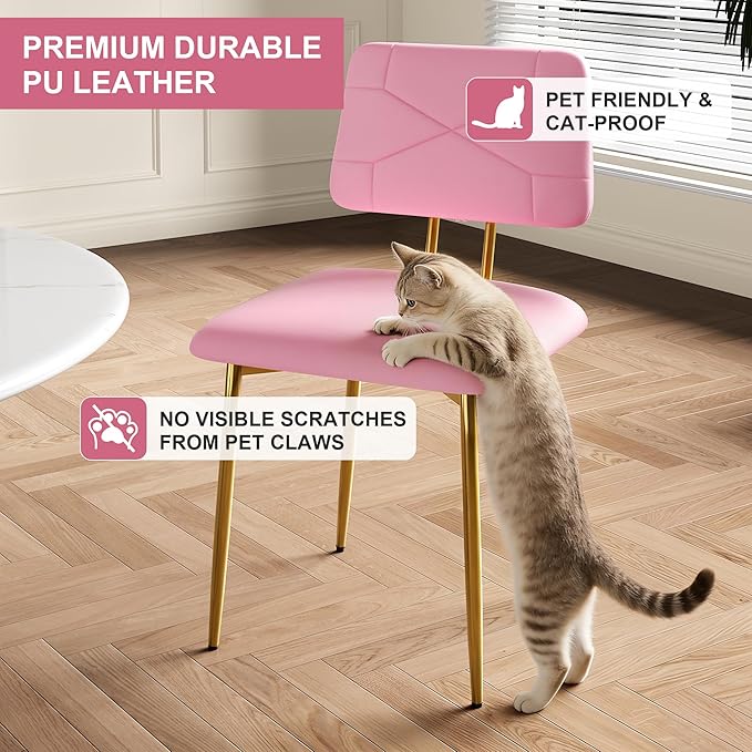VECELO Dining Chairs Set of 4, Modern Upholstered Kitchen Chairs with Faux Leather Cushion Seat & Metal Legs for Kitchen, Living Room, Tufted Backrest Design, Pink
