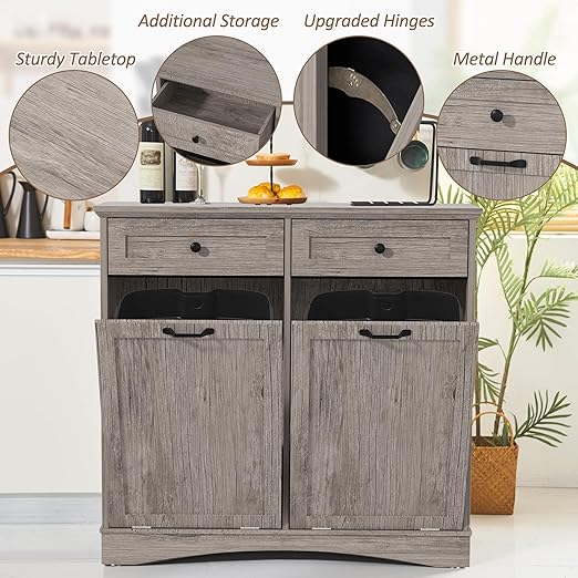 Double Tilt Out Trash Cabinet Freestanding Wooden Garbage Can Cabinet with Hideaway Drawers, 2x13 Gallons Pet Proof Garbage Can Holder for Kitchen Living Room, Grey
