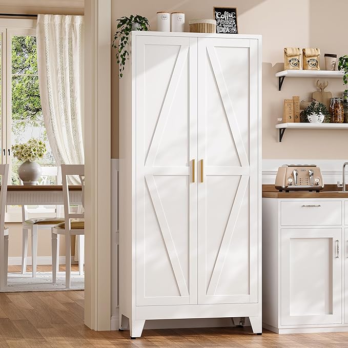 61" H White Storage Cabinet,Metal Pantry Cabinets with Doors,Tall Cabinet,Kitchen Pantry Storage Cabinets