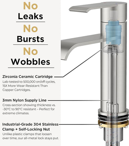 FORIOUS Brushed Nickel Bathroom Faucet Single Hole Waterfall with Single Lever Waterfall Bathroom Faucet 1 Hole for RV, Lavatory Sink Tap with Adapter Deck Plate, Pop Up Drain and 24" Hose