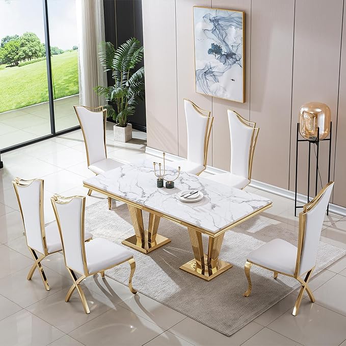 White Marble Dining Table for 4 6 8, Modern 68 Inch Kitchen Table with Faux Marble Top and Gold Dimaond Design Pedestal Base, Luxurious Rectangular Large Dining Room Table,Home Kitchen Furniture