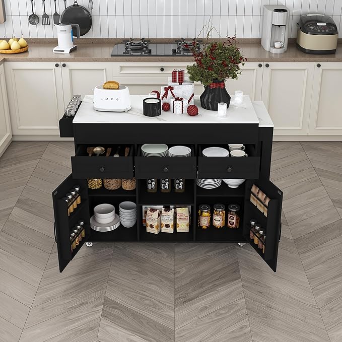 KEIKI 74.8" Kitchen Island with Extendable Dining Table, Rolling Cart with Power Outlet, 3 Drawers & Storage Cabinet on Wheels for Kitchen, Dining Room, Black