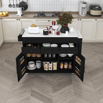 KEIKI 74.8" Kitchen Island with Extendable Dining Table, Rolling Cart with Power Outlet, 3 Drawers & Storage Cabinet on Wheels for Kitchen, Dining Room, Black