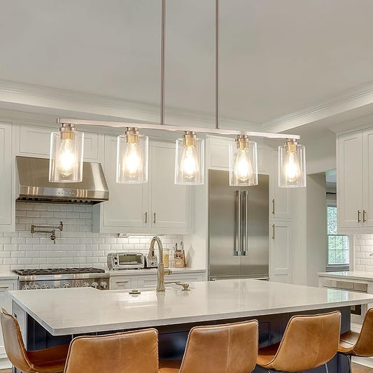 Mecgirn Island Light for Kitchen, Brushed Nickel Dining Room Light Fixture Over Table, 5-Light Linear Chandelier Pendant Lighting for Dining Table Kitchen Island Living Room