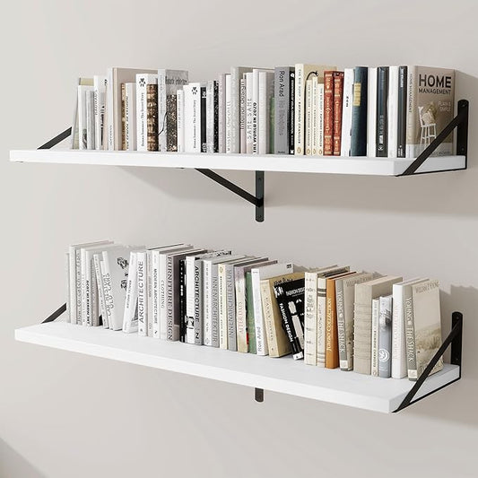 Deep Wall Shelves 48"W x 12"D Engineered Wood Floating Shelves for Wall, Sturdy Metal Bracket Bookshelves Home Decor Storage for Living Room Bedroom Bathroom Kitchen, Set of 2, White Finish