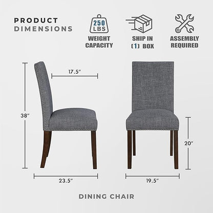 Lexicon Upholstered Dining Chairs Set of 2 - Soft Durable Fabric Armless High Back Kitchen Modern Dining Room Chairs for 2, Nailhead Trim Side, Brushed Brown Sturdy Wooden Frame, Easy Assembly, Gray