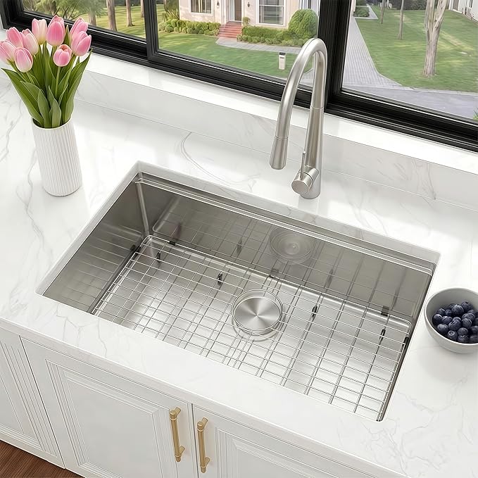 33 Inch Undermount Kitchen Sink, NANO-PVD 304 Stainless Steel Kitchen Sinks, 16 Gauge Deep Single Bowl Workstation Sink with Ledge & Accessories, 33"x19"x9" Deep and Large Basin