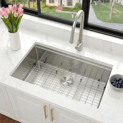 33 Inch Undermount Kitchen Sink, NANO-PVD 304 Stainless Steel Kitchen Sinks, 16 Gauge Deep Single Bowl Workstation Sink with Ledge & Accessories, 33"x19"x9" Deep and Large Basin