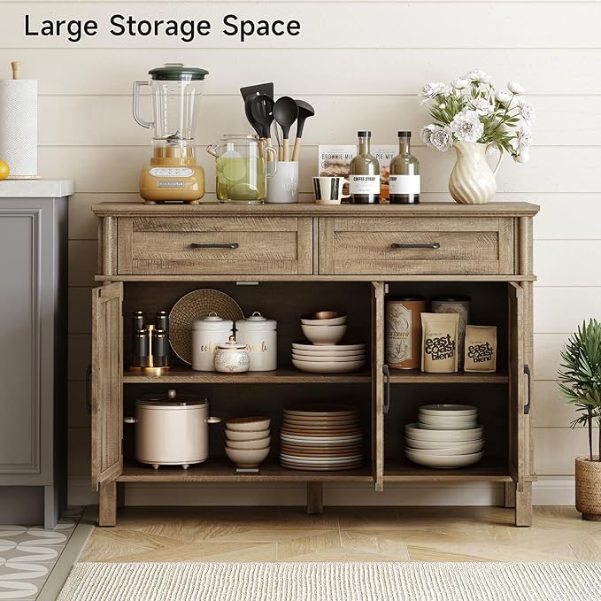 48 Inches Buffet Cabinet with Storage, Farmhouse Sideboard Buffet w/2 Drawers and 3 Doors, Wood Coffee Bar Cabinet with Adjustable Shelves, Sideboard Storage for Kitchen, Living Room, Washed Grey
