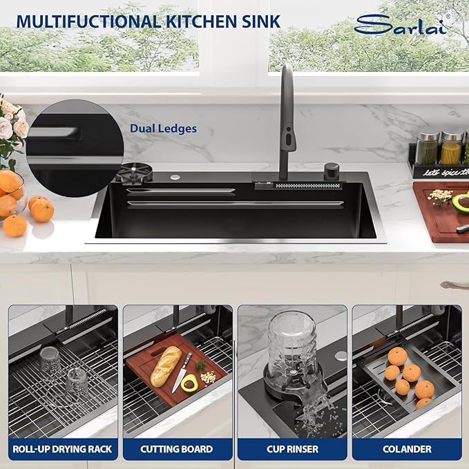 Sarlai Waterfall Kitchen Sink - 33 Inch Drop In Workstation Sink With Waterfall Black Stainless Steel 16 Gauge Multifunction Single Bowl Smart Top Mount Kitchen Sinks with Mechanical Keys 33x19x9 Inch