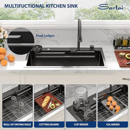 Sarlai Waterfall Kitchen Sink - 33 Inch Drop In Workstation Sink With Waterfall Black Stainless Steel 16 Gauge Multifunction Single Bowl Smart Top Mount Kitchen Sinks with Mechanical Keys 33x19x9 Inch