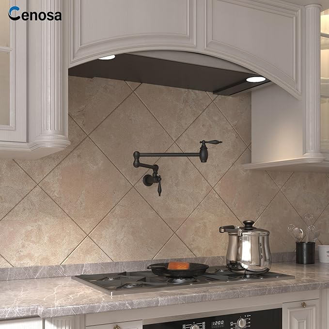 CENOSA Pot Filler Faucet Matte Black Commercial Wall Mount Stove Faucet Lead-Free Foding Wall Mount Kitchen Sink Pot Filler Facuet