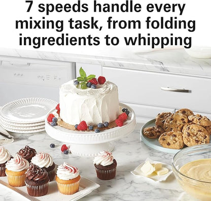 Hamilton Beach Electric Stand Mixer, 4 Quarts, Dough Hook, Flat Beater Attachments, Splash Guard 7 Speeds with Whisk, Red