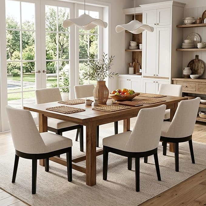 HNY Modern Dining Chairs Set of 4 with Comfortable Back Support, Farmhouse Soft Linen Upholstered Dining Room Chairs with Black Solid Wood Legs, Armless Kitchen Side Chairs for Living Room, Beige