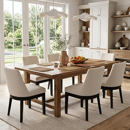 HNY Modern Dining Chairs Set of 4 with Comfortable Back Support, Farmhouse Soft Linen Upholstered Dining Room Chairs with Black Solid Wood Legs, Armless Kitchen Side Chairs for Living Room, Beige