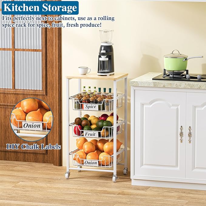OKZEST 4-Tier Small Kitchen Storage Cart on Wheels with Pull-Out Drawers, Rolling Pantry and Snack Organizer Cart with Wood Top, Kitchen Floor Fruit Basket Stand for Fruit Potato Onion Veggie Snack