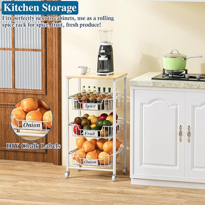 OKZEST 4-Tier Small Kitchen Storage Cart on Wheels with Pull-Out Drawers, Rolling Pantry and Snack Organizer Cart with Wood Top, Kitchen Floor Fruit Basket Stand for Fruit Potato Onion Veggie Snack