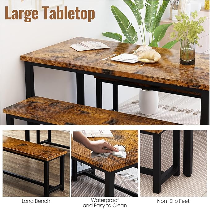 Recaceik Dining Table Set with Bench, 3 Pieces Dining Furniture Set Kitchen Table Set Sturdy Structure Space-Saving Dinette for Kitchen, Dining Room Breakfast Nook, Living Room, Rustic Brow