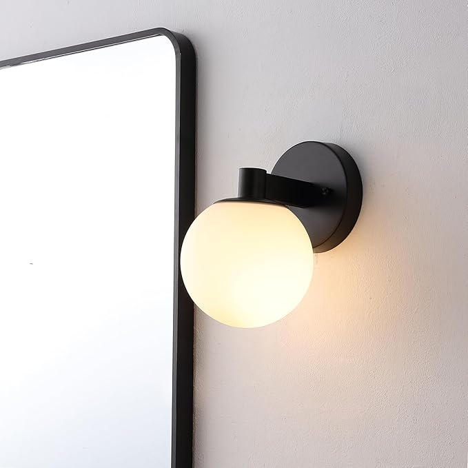JONATHAN Y 5.75" Black/White 1-Light Modern Globe LED Vanity Wall Sconce Light, White Frosted Glass Shade, Mid-Century Art Deco Wall Lamp for Bathroom, Kitchen, Hallway (JYL3540B)