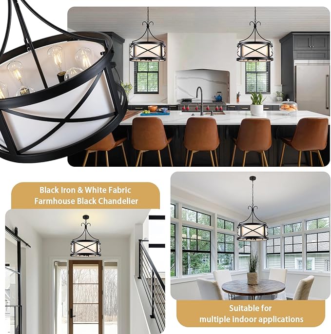Drum Chandelier Round Farmhouse Chandeliers 6-Light Modern Chandelier Light Fixture Entryway 19.7" Industria Light Fixture Hanging for Dining Room Living Room Kitchen