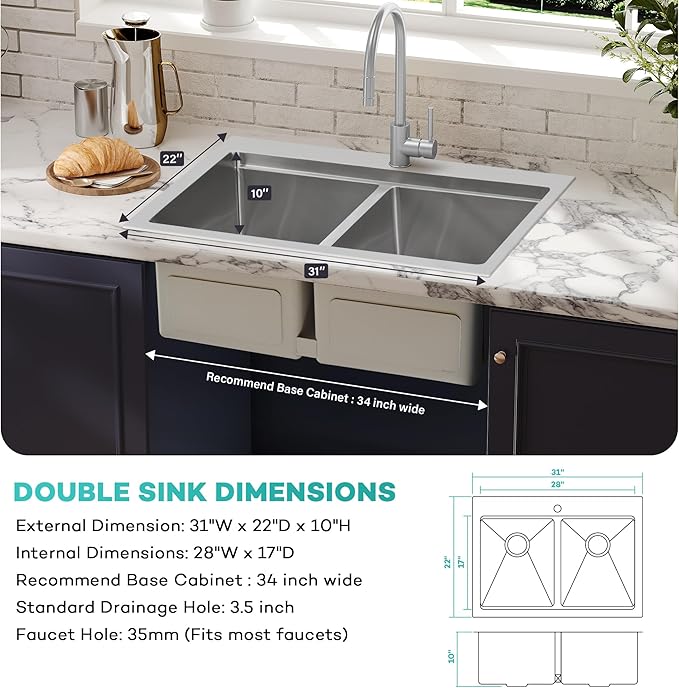 MILOSEN 31 Inch Double Bowl Kitchen Sink, 31''x22'' Drop in 16 Gauge T304 Stainless Steel Sinks, Workstation Sink 50/50 Topmount Double Basin with Accessories,10'' Large and Deep Handmade Sinks