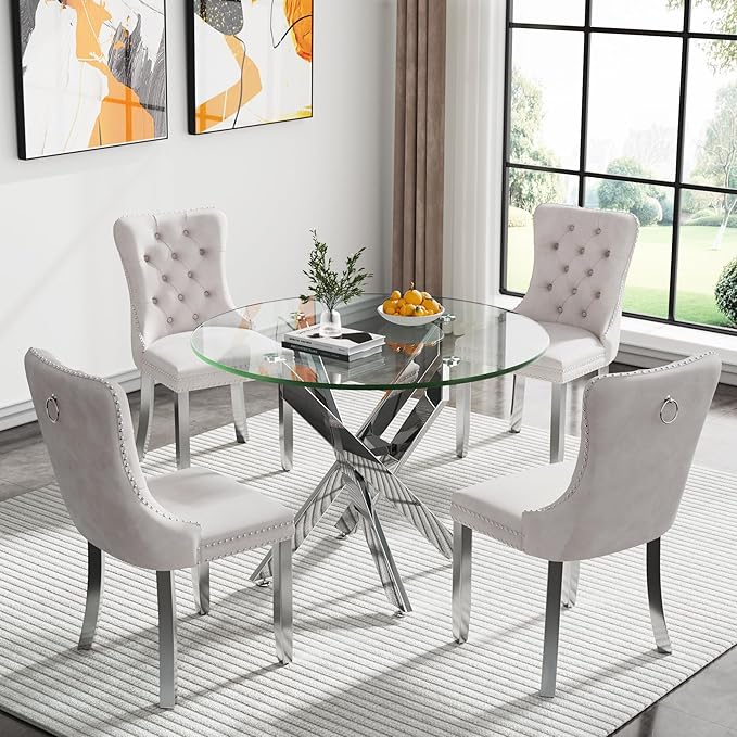 36'' Round Dining Table for 2-4, Round Dining Room Table for Small Space, Silver Glass Kitchen Table for 4, X-Shape Metal Legs