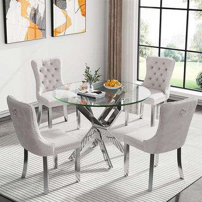 36'' Round Dining Table for 2-4, Round Dining Room Table for Small Space, Silver Glass Kitchen Table for 4, X-Shape Metal Legs