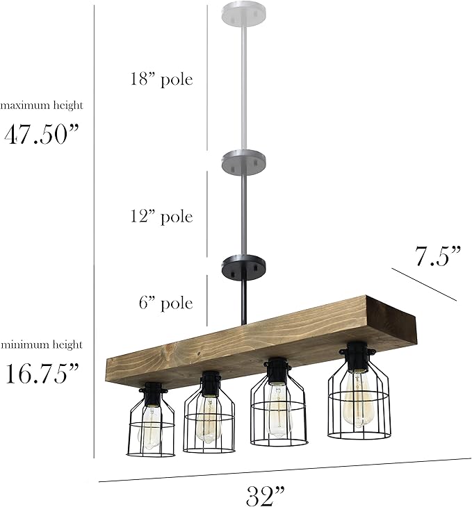 Elegant Designs CH1001-RWD 4 Light Rustic Farmhouse Industrial Wired Cage Pendant Island Light Chandelier, Restored Wood