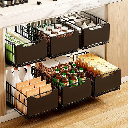 Pull Out Cabinet Organizer Fixed with Adhesive Nano Film, 1 Pack Sliding Mesh Cabinet Basket with Handle, Heavy Duty Slide out Pantry Shelves Drawer Storage for Home, Kitchen, Bathroom, Black