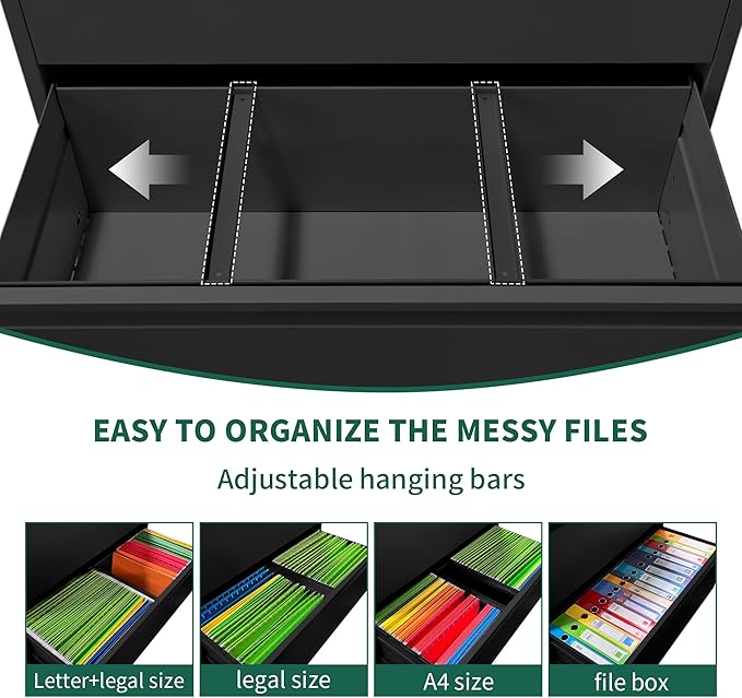 Lateral 3 Drawer File Cabinet with Lock, Metal Large-capacity Fully Extendable Drawers for Home Office, Adjustable Hanging Rods for A4/Legal/Letter Sizes, Anti-tipping Design, Require Assembly, Black