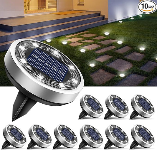 btfarm 10 Pack Solar Lights Outdoor, 8 LED Solar Ground Lights IP65 Waterproof Flat Solar Disc Light, Pathway Lights for Garden Lawn Patio Yard Path Landscape, Cool White