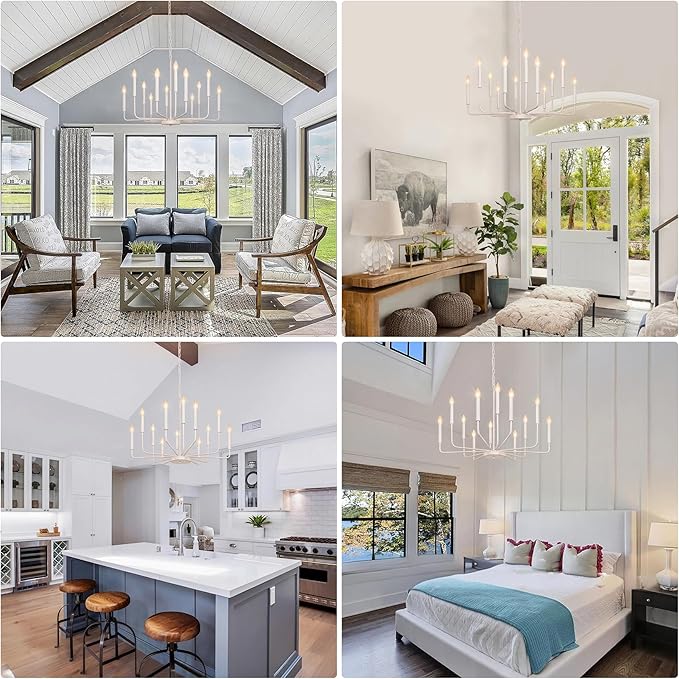 French Country Chandelier, 12-Light White Farmhouse Chandeliers for Dining Room, Classic Candle Ceiling Pendant Light Fixture for Living Room, Foyer, Kitchen Island, Bedroom, Entryway