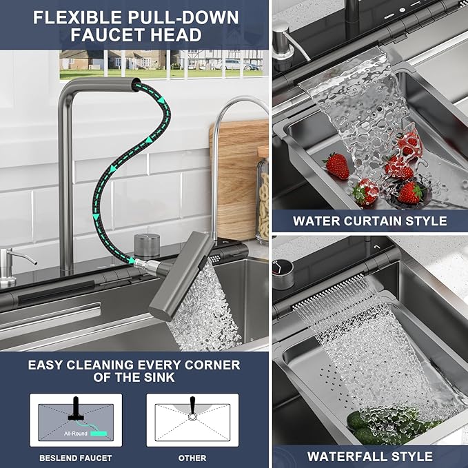 33 Inch Smart Waterfall Kitchen Sink - Beslend 33x19 Stainless Steel Drop In Waterfall Sink Topmount Workstation 16 Gauge Modern Sinks Single Bowl with Faucet, Cup Washer and Digital Display