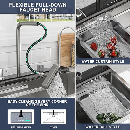 33 Inch Smart Waterfall Kitchen Sink - Beslend 33x19 Stainless Steel Drop In Waterfall Sink Topmount Workstation 16 Gauge Modern Sinks Single Bowl with Faucet, Cup Washer and Digital Display