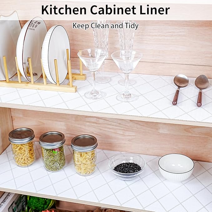 Shelf and Drawer Liner for Kitchen Cabinet,18 in x 30 FT Non-Adhesive Rhombus Cabinet Liners for Shelves Non-Slip Waterproof Kitchen Drawer Liners Contact Paper Shelf Paper with Knife and Tape Measure