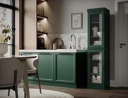 Palace Imports Solid Wood Kitchen Pantry Cabinet w/Glass Doors - Narrow Storage Cabinet - 16.5" Wide x 71.5" Tall - Green, Adjustable Shelves, 100% Eco-Friendly Wood, Modular Cabinets