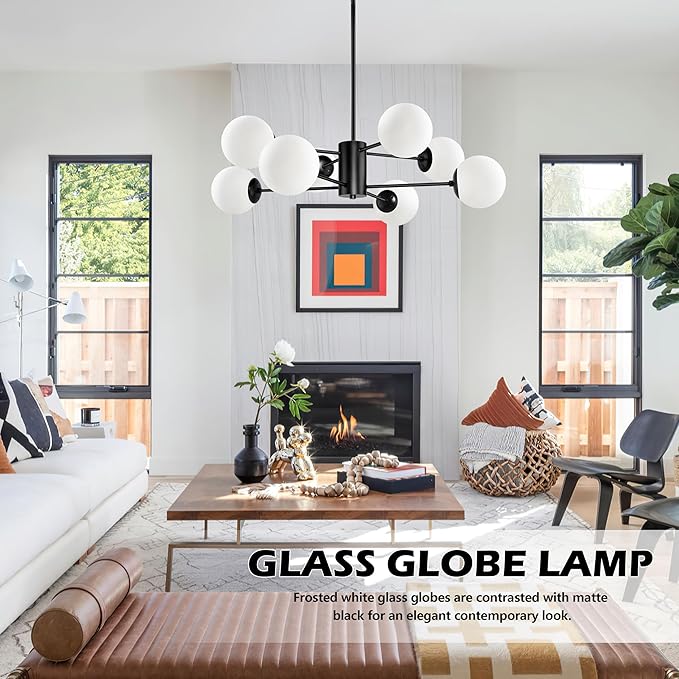 Bagood 8-Light Globe Sputnik Chandelier Black Mid Century Modern Light Fixture Matte Black Finished with White Frosted Globe Glass Lampshade Sputnik Chandeliers for Dining Room Bedroom Kitchen Island