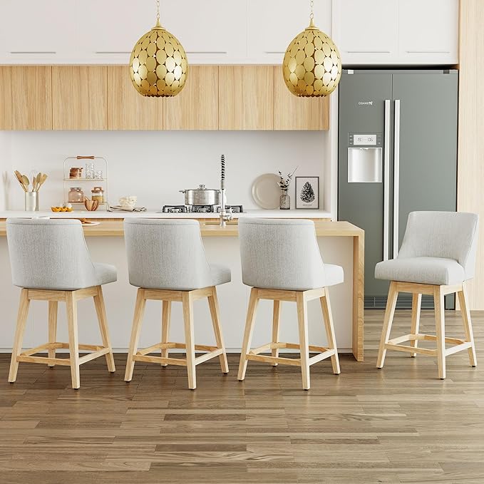 Counter Height Bar Stools Set of 4, Modern Swivel Barstools with Back and Wood Legs, Linen Fabric Upholstered Bar Chairs, 26" H Kitchen Counter Stools, Kitchen Island Home Bar, Ivory