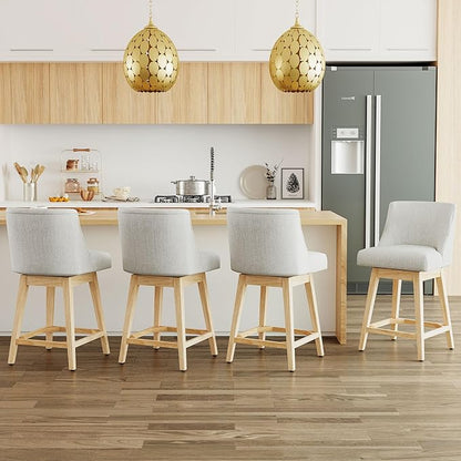 Counter Height Bar Stools Set of 4, Modern Swivel Barstools with Back and Wood Legs, Linen Fabric Upholstered Bar Chairs, 26" H Kitchen Counter Stools, Kitchen Island Home Bar, Ivory