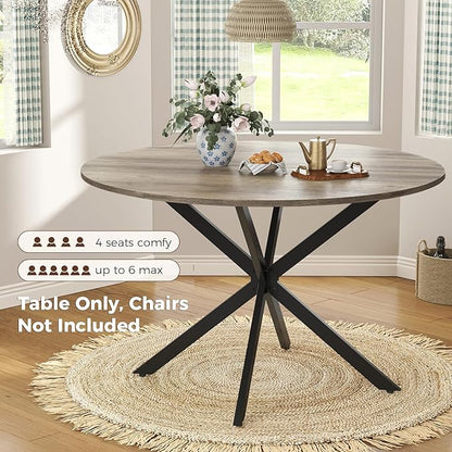 Unovivy 47 Inch Round Dining Table for 4, Space Saving Circle Dining Table with Pedestal Metal Frame, Farmhouse Wood Round Kitchen Table for Living & Dining Room, Light Ivory