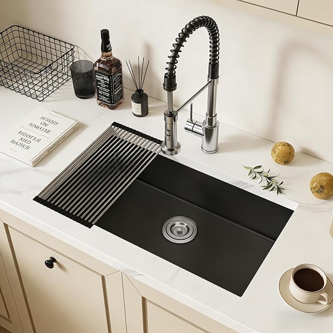 MILOSEN Black Kitchen Sink 27×18×9 Inch, Undermount/Drop In Granite Composite Quartz Single Bowl Sink, Large Deep Undermount Kitchen Sinks with Custom Accessories